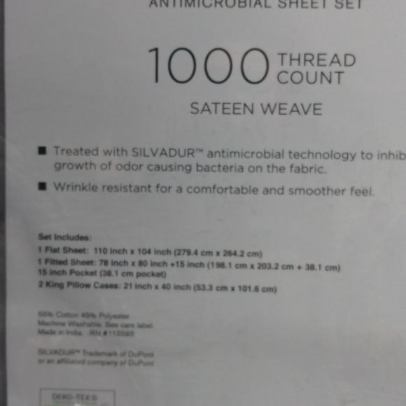 RestWell Anti-Microbial 1000 Thread Count 4 Pc. Sheet Set, King Bedding-Grey - Picture 4 of 6